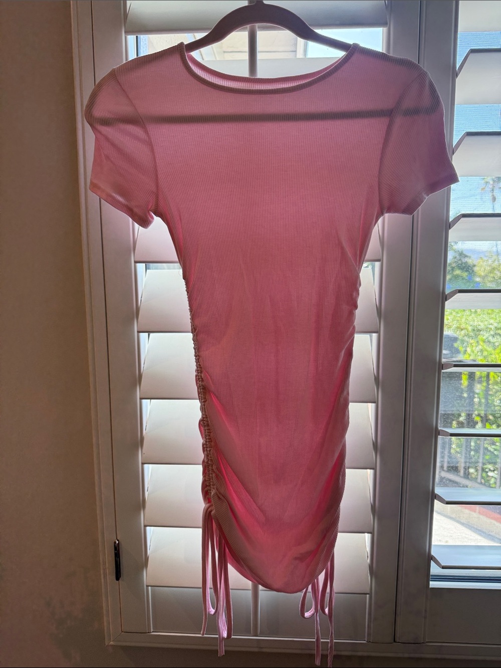 Pink Ruched Side Tie Short Sleeve Dress